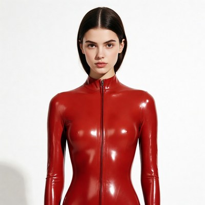 Woman in red latex catsuit