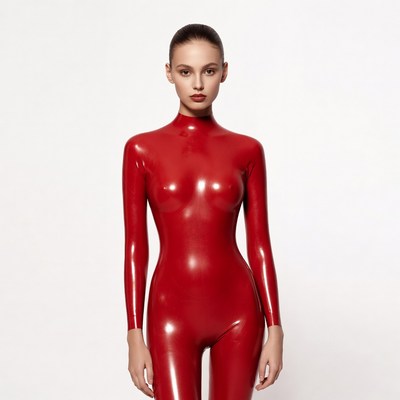 Woman in red latex bodysuit