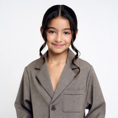 Young girl in gray blazer smiling