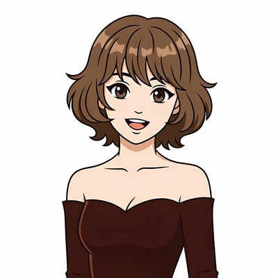 Anime girl smiling in maroon off-shoulder dress