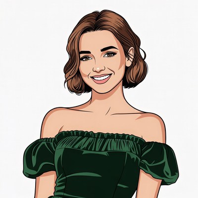Smiling woman in green off-shoulder dress