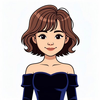 Cartoon Asian woman in black off-shoulder dress