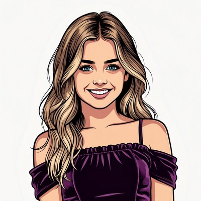 Smiling woman in purple off-shoulder dress