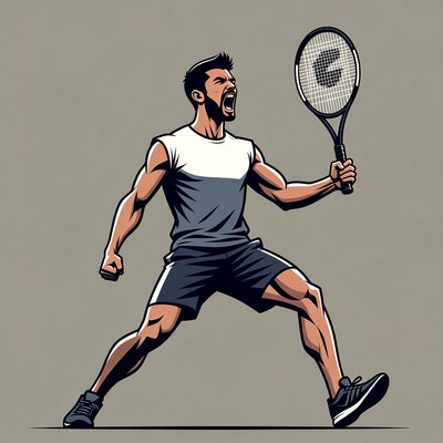 Muscular man shouting with tennis racket