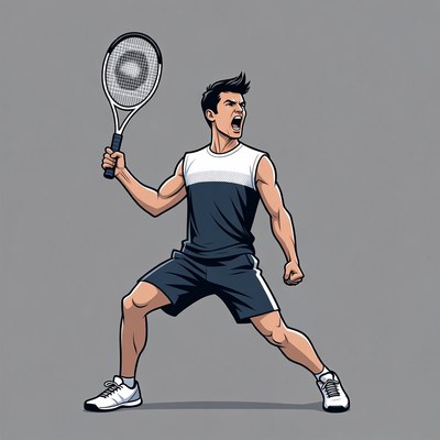 Asian man shouting with tennis racket