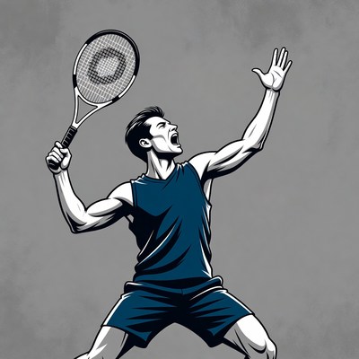 Muscular man serving tennis racket