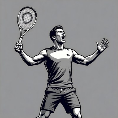 Man celebrating tennis victory with racket