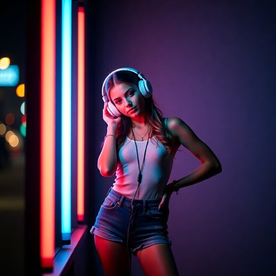 Woman with headphones neon lights