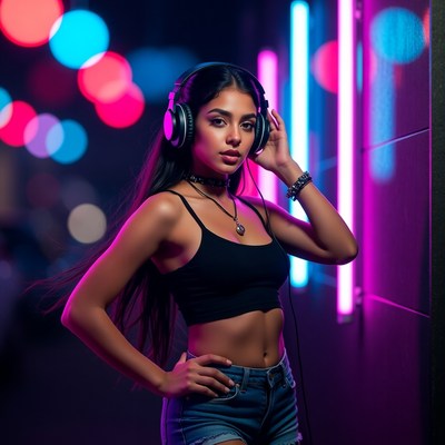 Woman wearing headphones in neon lights
