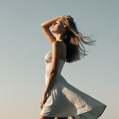 Blonde woman in flowing dress outdoors