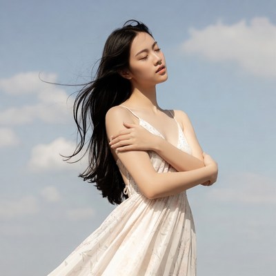Asian woman in white dress outdoors