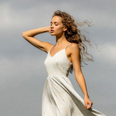 Woman in white dress with flowing hair