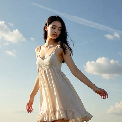 Asian woman in beige dress outdoors