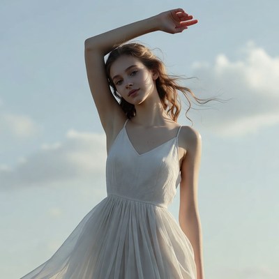 Woman in white dress raising arm outdoors