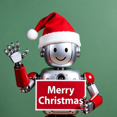 Robot Santa waving Merry Christmas sign