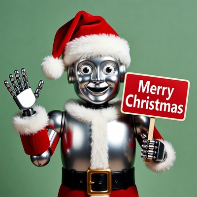 Robot Santa holding Merry Christmas sign