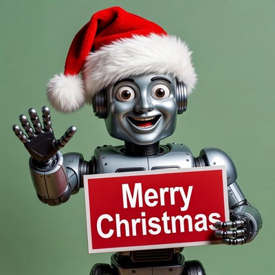 Robot holding Merry Christmas sign