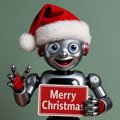 Robot holding Merry Christmas sign