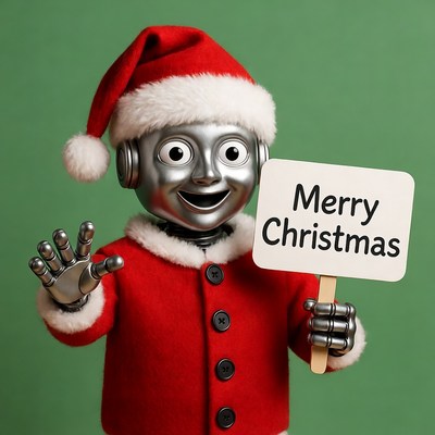 Robot Santa holding Merry Christmas sign