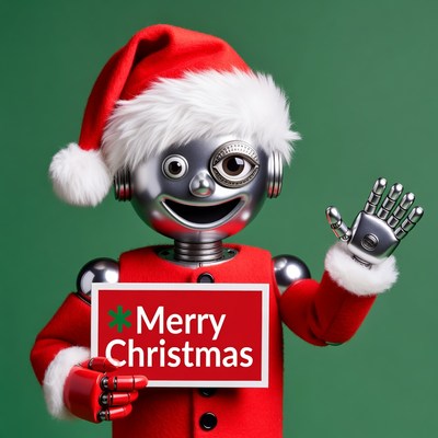Robot Santa holding Merry Christmas sign