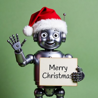 Robot waving Merry Christmas sign
