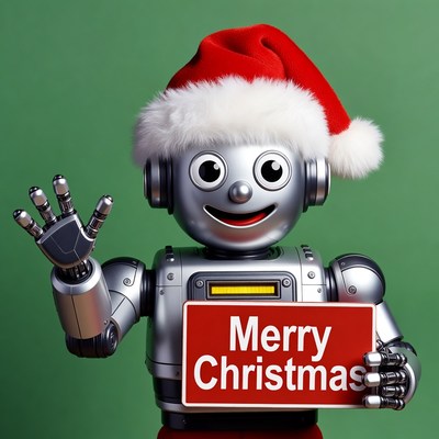 Robot waving Merry Christmas sign