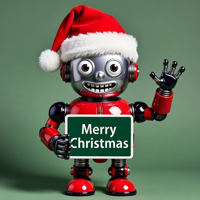 Robot with Santa hat holding Merry Christmas sign