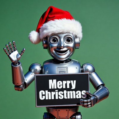 Robot waving Merry Christmas sign