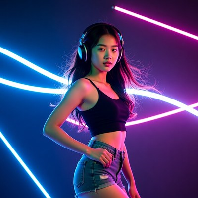 Asian woman in headphones with neon lights
