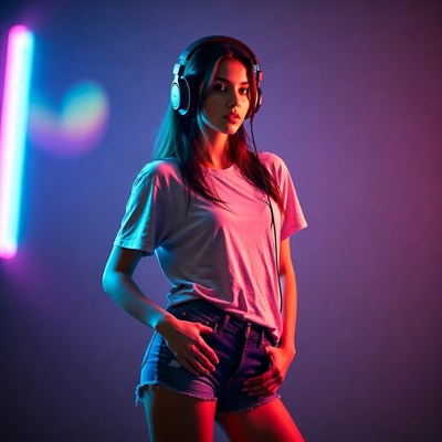 Asian woman wearing headphones neon lights