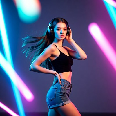 Woman dancing with headphones in neon lights