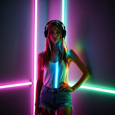 Woman with headphones in neon lights
