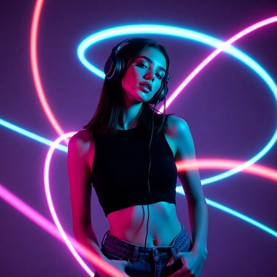 Woman wearing headphones with neon lights