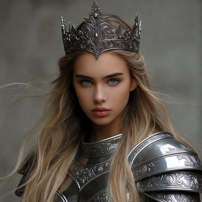 Blonde woman in ornate crown and armor