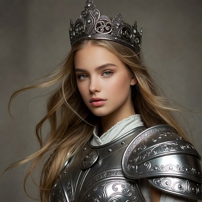 Blonde woman in silver crown and armor