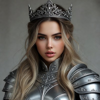 Blonde woman in silver crown and armor