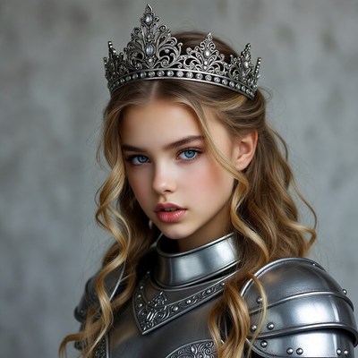 Young girl wearing silver crown and armor