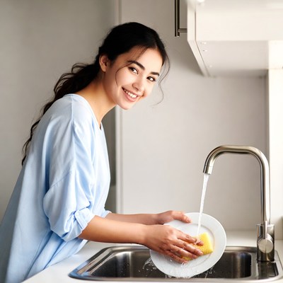 Asian woman washing dish in kitchen