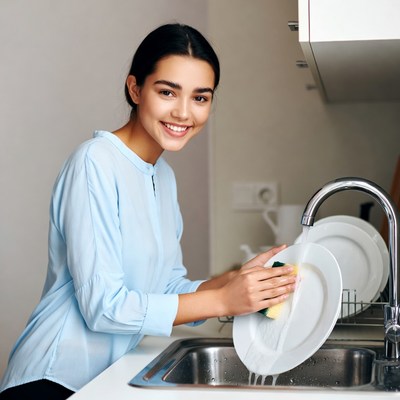 Woman washing dishes in kitchen