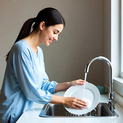Woman washing dishes in kitchen
