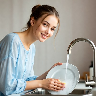 Woman washing dish in kitchen sink