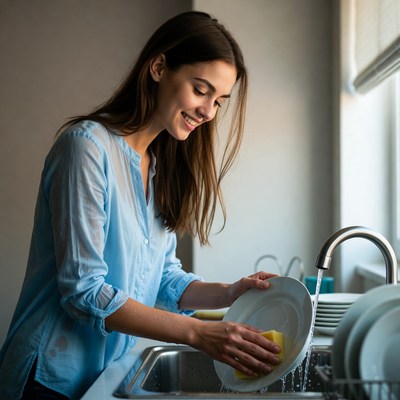 Woman washing dishes in kitchen sink