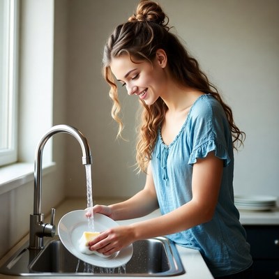 Young woman washing dishes in kitchen