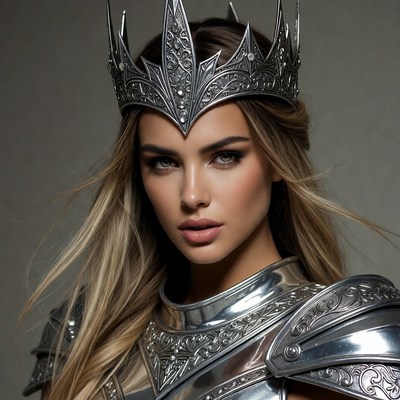 Woman wearing silver crown and armor