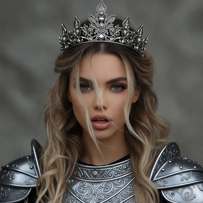 Blonde woman in silver crown and armor