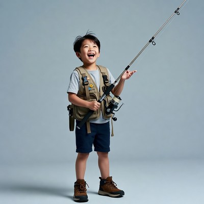 Asian boy holding fishing rod