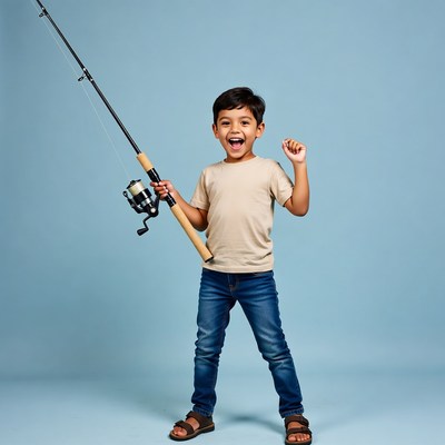 Happy Asian boy holding fishing rod