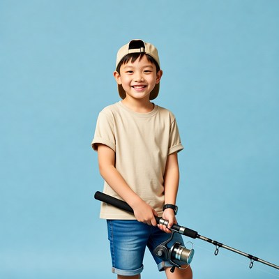 Asian boy holding fishing rod