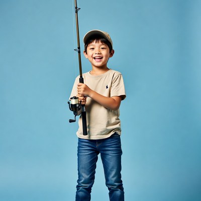 Asian boy holding fishing rod