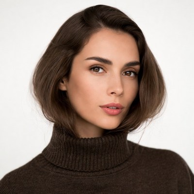 Woman in brown turtleneck sweater